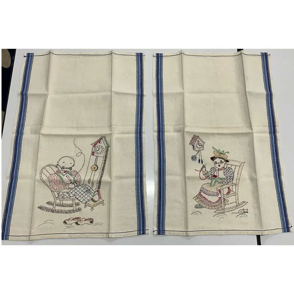 Vintage 2 Handmade Embroidery Kitchen Dish Towels Grandma Grandpa Rock'n NEW - Picture 4 of 7